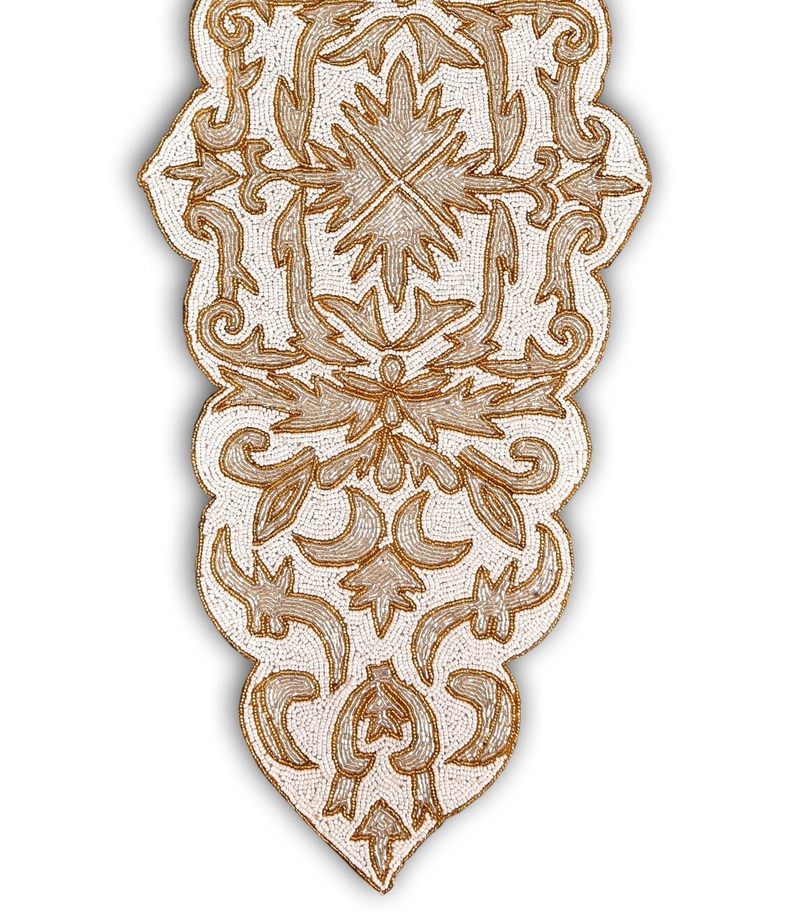 Handmade Beaded Table Runner, White And Gold Table Runner, Contemporary Table Topper 13X36 Inch