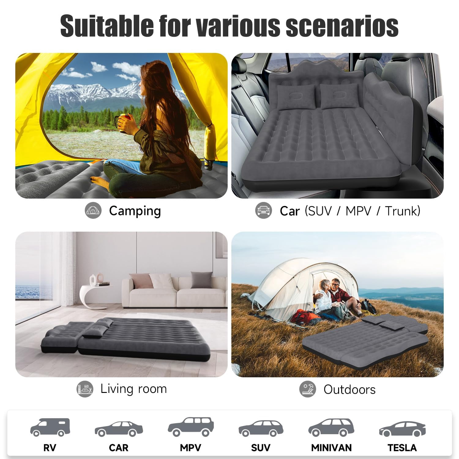 Backseat Car Air Mattress, Inflatable AirBed for SUV Back Seat Trunk Sleeping, Van Rear Seat Camping Sleeping Bed with Electric Air Pump