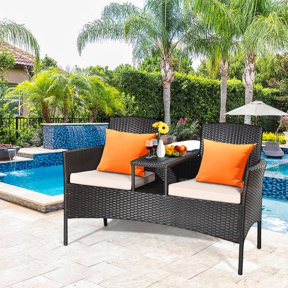 Gymax Patented Cushioned Rattan Wicker Patio Conversation Set w/ Loveseat Table Mix Brown