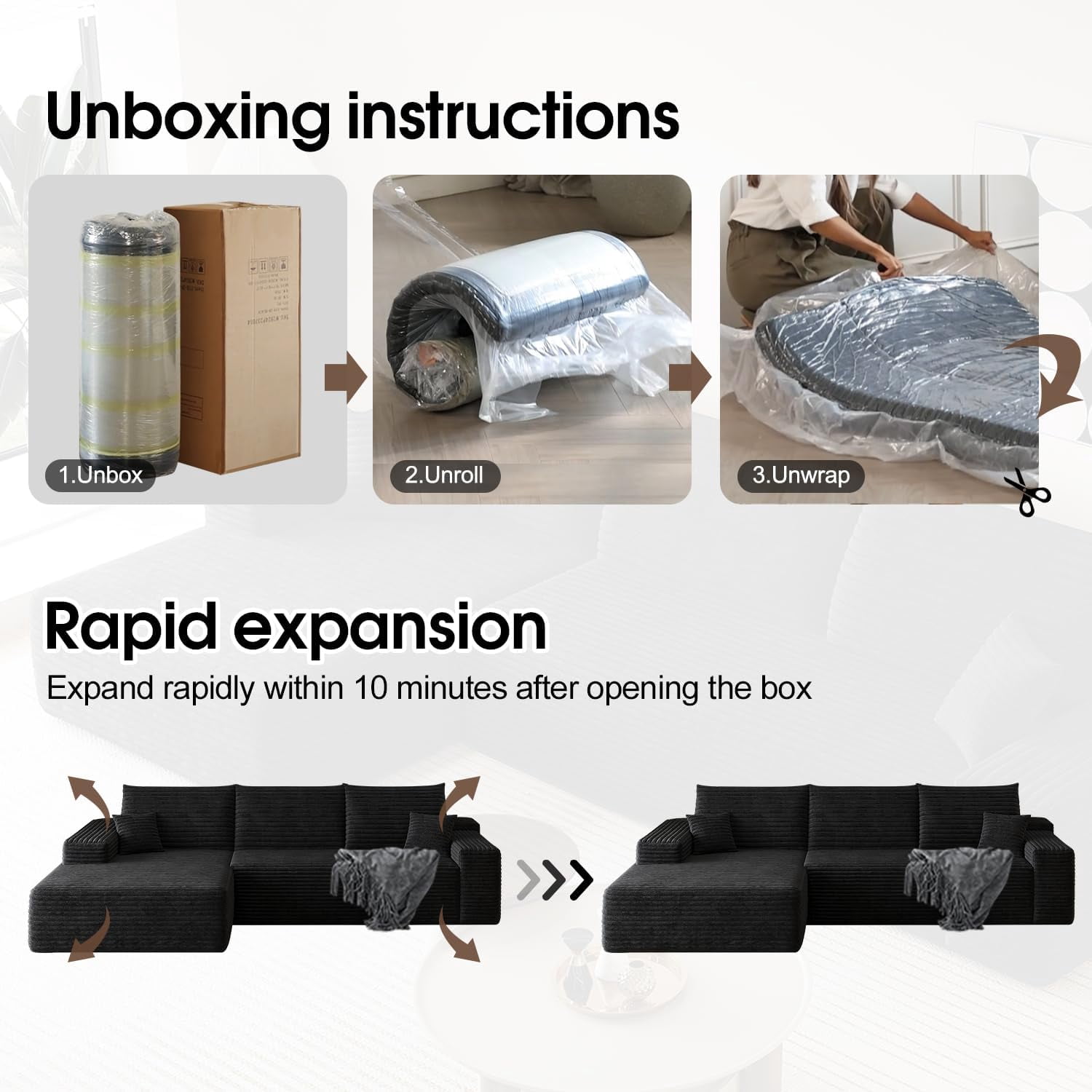 Sailvan 107" Cloud Sectional Couch, Cloudy Sofa with L-Shape Chaise, Upholstered Couches for Living Room & Bedroom, No Assembly Required, Plush Corduroy Fabric, Black