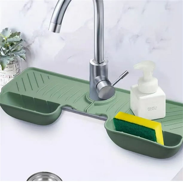 Alfombrilla protectora contra salpicaduras de fregadero para cocina y baño | Almohadilla colectora de goteo de grifo de silicona con bandeja de almacenamiento | Drenaje rápido | Se adapta a