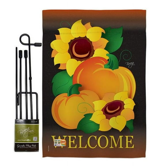 Breeze Decor BD-HA-GS-113029-IP-BO-D-US05-BD 13 x 18.5 in. Welcome Pumpkin Fall Harvest & Autumn Vertical Double Sided Mini Garden Flag Set with Banner Pole
