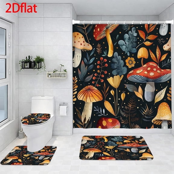 Watercolor Mushroom Shower Curtain Set with 12 Hooks, Rugs & Accessories