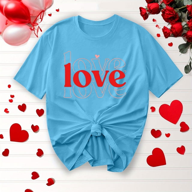TIMIFIS T-Shirts pour Femmes de la Saint-Valentin Été Décontracté Manches Courtes Col Rond T-Shirts Mode T-Shirt Imprimé Cœur d'Amour
