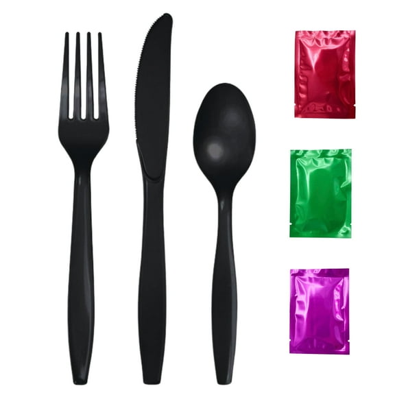 Black Velvet Disposable Cutlery, (Set of 96) Complete Dining Set BPA-Free Heavy Duty Plastic Spoon Fork Knife Party Utensils Weddings Family Home Picnics Food Events w/ Bonus Snoep in Beperkte Oplage