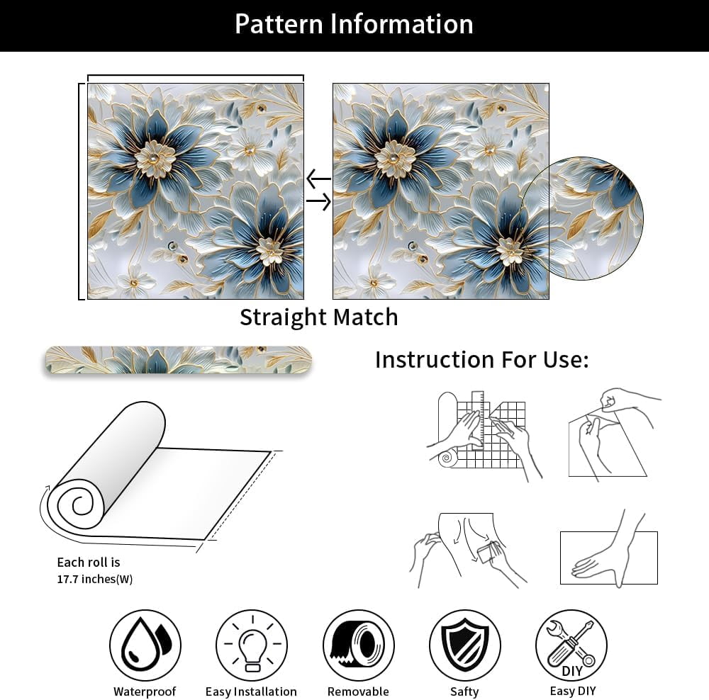 White Blue Grey Peony Floral Vintage Peel and Stick Wallpaper Contact Paper Vinyl Stick on Wall Paper for Bedroom Bathroom Kitchen Cabinet Renter Friendly