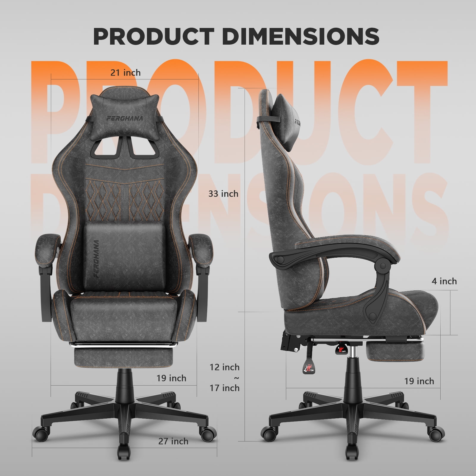 Luxvie Gaming Chair with Footrest Computer Ergonomic Office Chair with Massage Lumbar Support & Headrest, High Back Vintage Game Chair for Adults and Kids, Gray