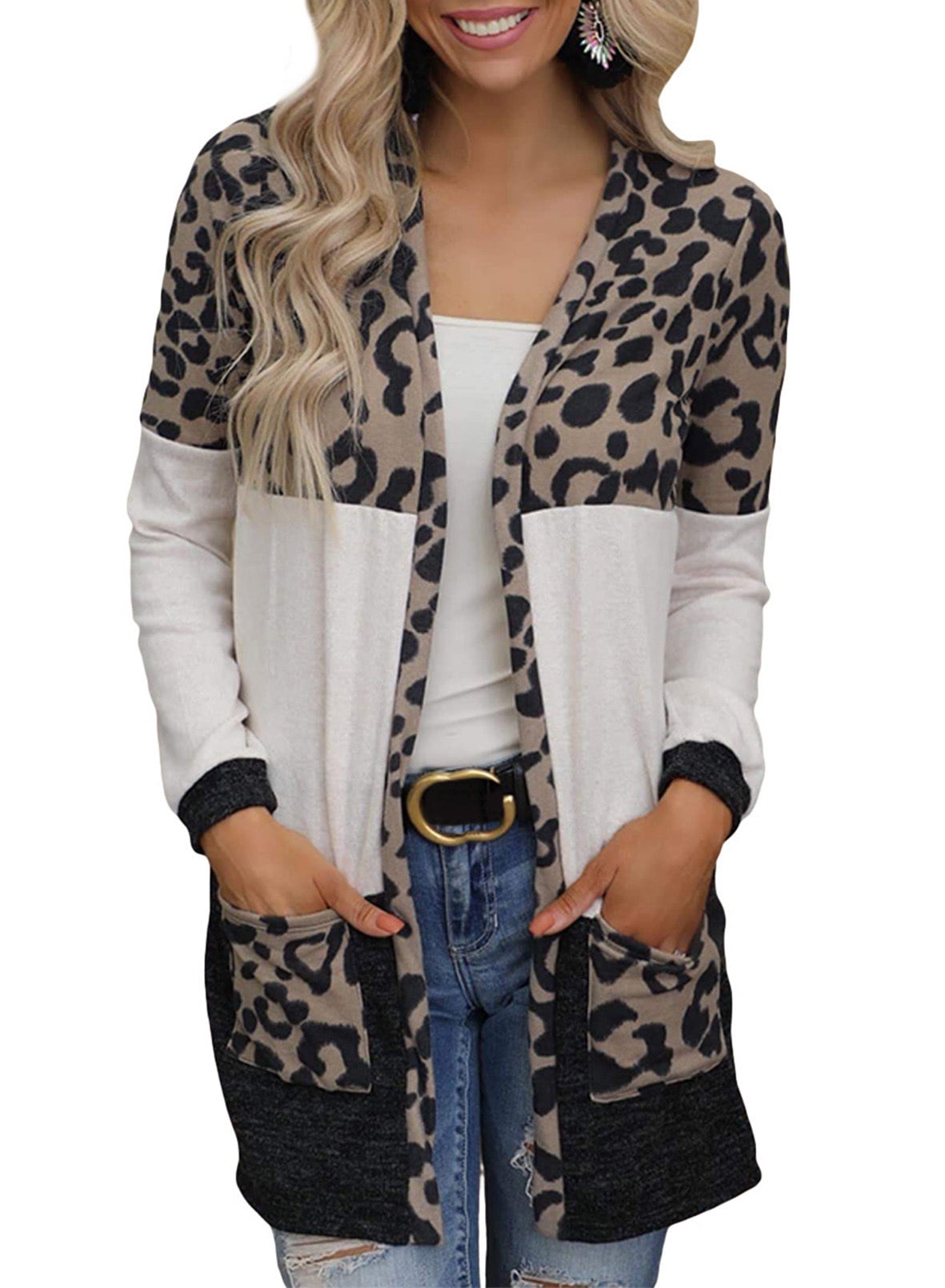 Asvivid Women's Long Sleeve Cardigan Leopard Print Patchwork Open Front Thin Coats Knit Outerwear with Pockets Plus Size