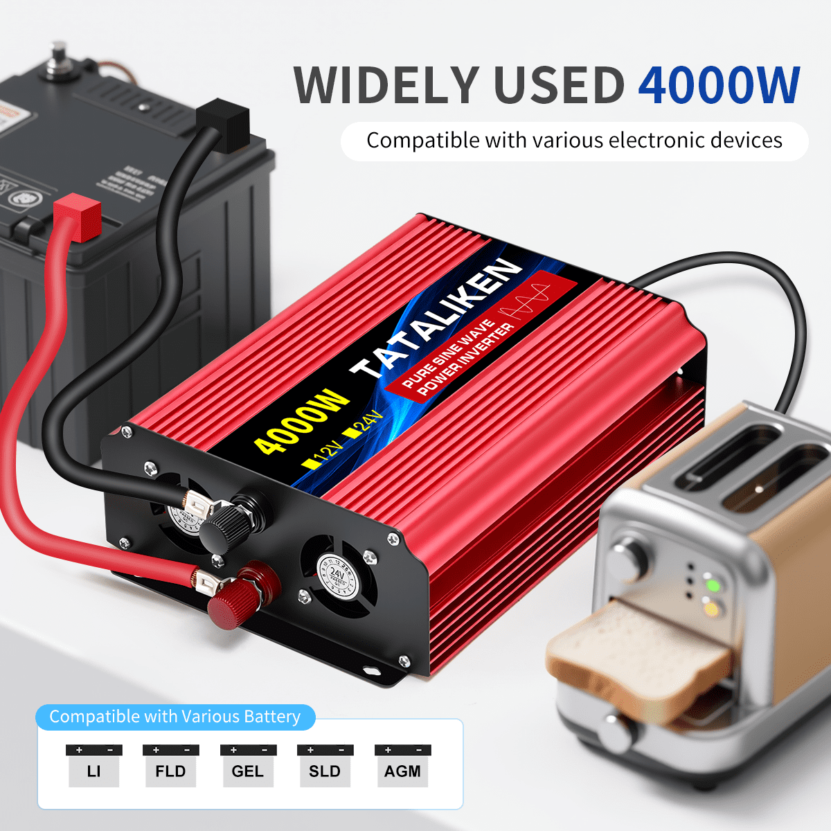 4000W Pure Sine Wave Power Inverter 12V DC to 110V AC,  LED Display Red Aluminum for Car/RV/Home