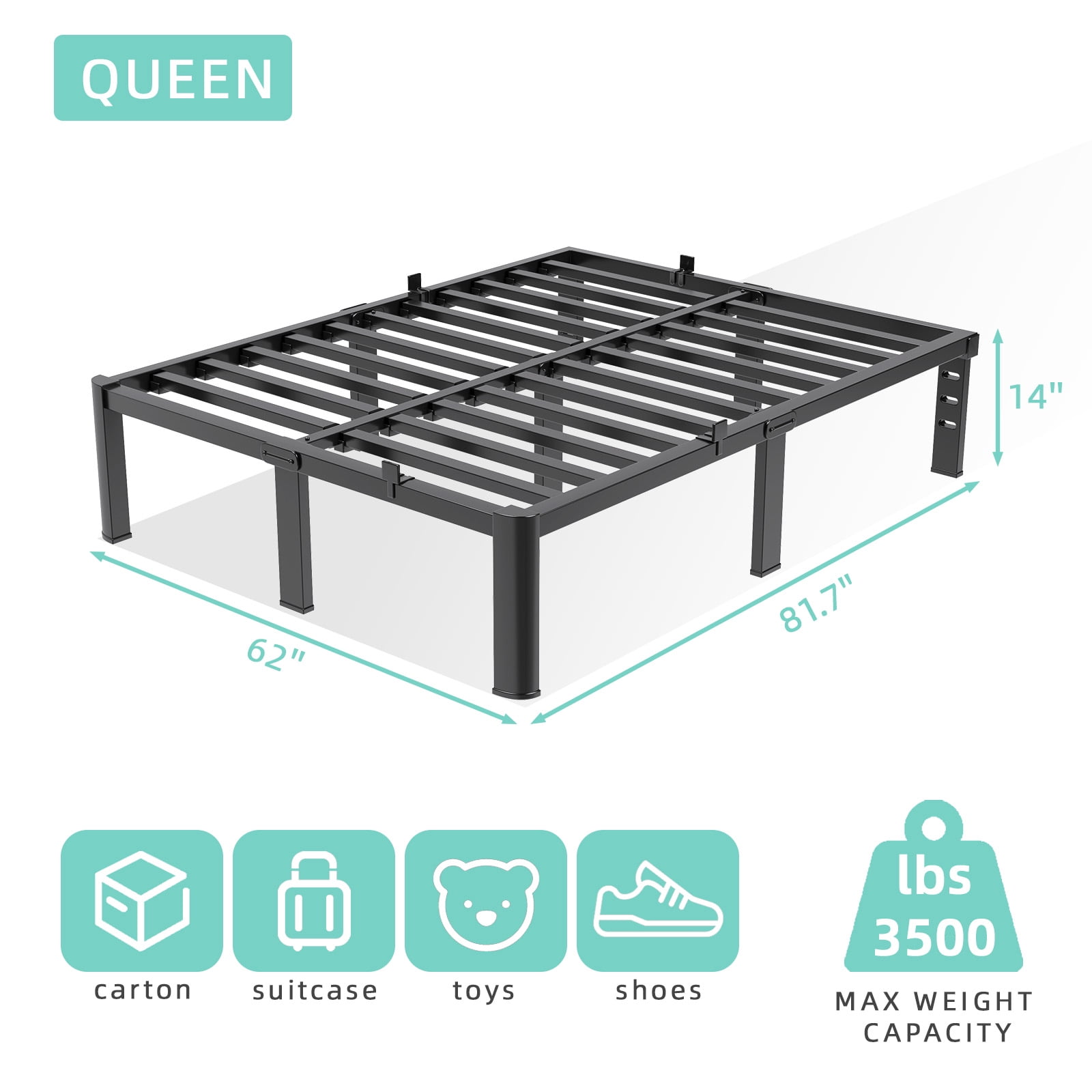Fowroa 14 inch Queen Size Bed Frame Metal Platform with Underbed Storage No Box Spring Needed Easy Assembly