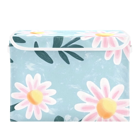 Pink Daisy Flat Illustration Large Storage Bins with Linen Collapsible Lid Storage Box 16.7 x 12.6 x 11.8in