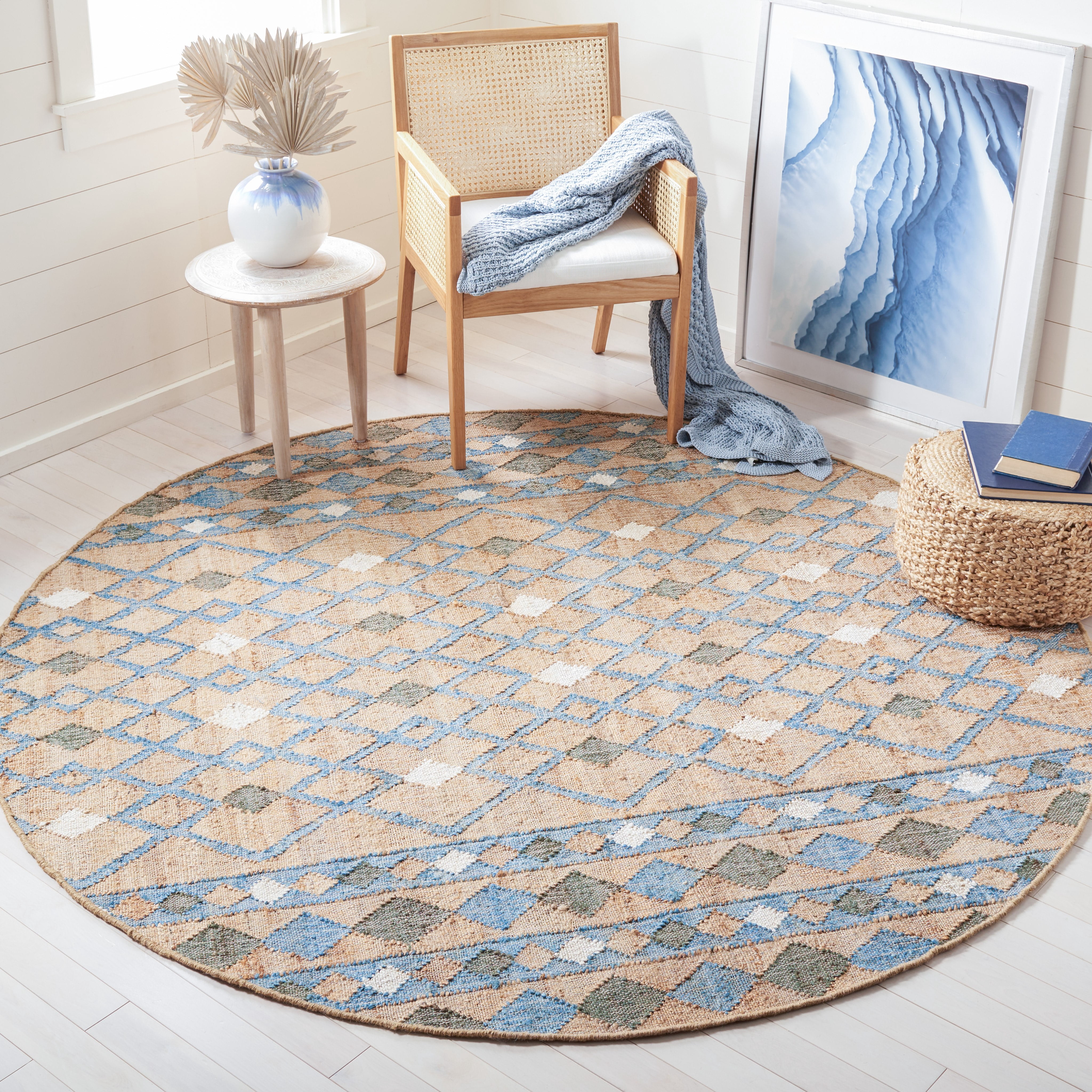 SAFAVIEH Kilim Kodey Tribal Area Rug, Natural/Blue, 7' x 7' Round