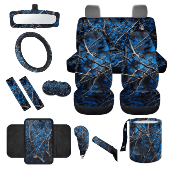 HUIACONG Car Seat Cover Set, with Car Safety Strap Pad Car Center Console Cushion Car Cup Holder Liners, 14 Pack Blue Camo Tree Pattern
