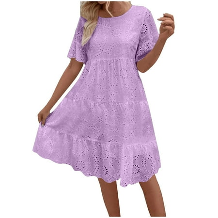 Miluxas Women s Lace Eyelet Short Sleeve Tiered Midi Long Dress Clearance Ruffle Hem Babydoll Short Dress Purple 6(M)