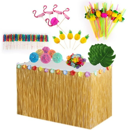 

Hawaiian Table Skirt with Colorful Fake Flower Self-Adhesive Tropical Style Table Grass Skirt