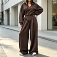 thumbnail image 2 of Szluipve 2 Piece Sets for Women 2 Piece Tracksuit V‑Neck Drawstring Hoodie Top High Waist Pleated Wide Leg Pants Set Casual Loose Matching Loungewear Outfit With Pockets Brown M, 2 of 7