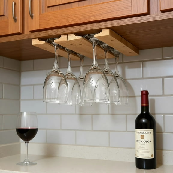 Wooden Wine Glass Rack, Under Cabinet Wine Glass Holder Shelf, Unpainted Wood Stemware Rack, Space Saving, Easy to Install, 10.8 x 1.8 x 0.8 in