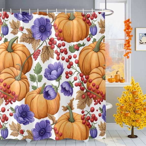 Thanksgiving Shower Curtains for Bathroom, Autumn Vintage Pumpkin Purple Flowers Waterproof Fabric Shower Curtain for Bathroom Bathtub Decoration, Machine Washable, 36"x72"