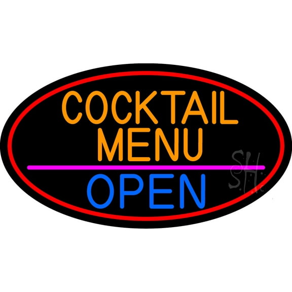 Cocktail Menu Open Oval With Red Border LED Neon Sign 20 x 37 - inches, Clear Edge Cut Acrylic Backing, with Dimmer - Bright and Premium built indoor LED Neon Sign for Bar decor.