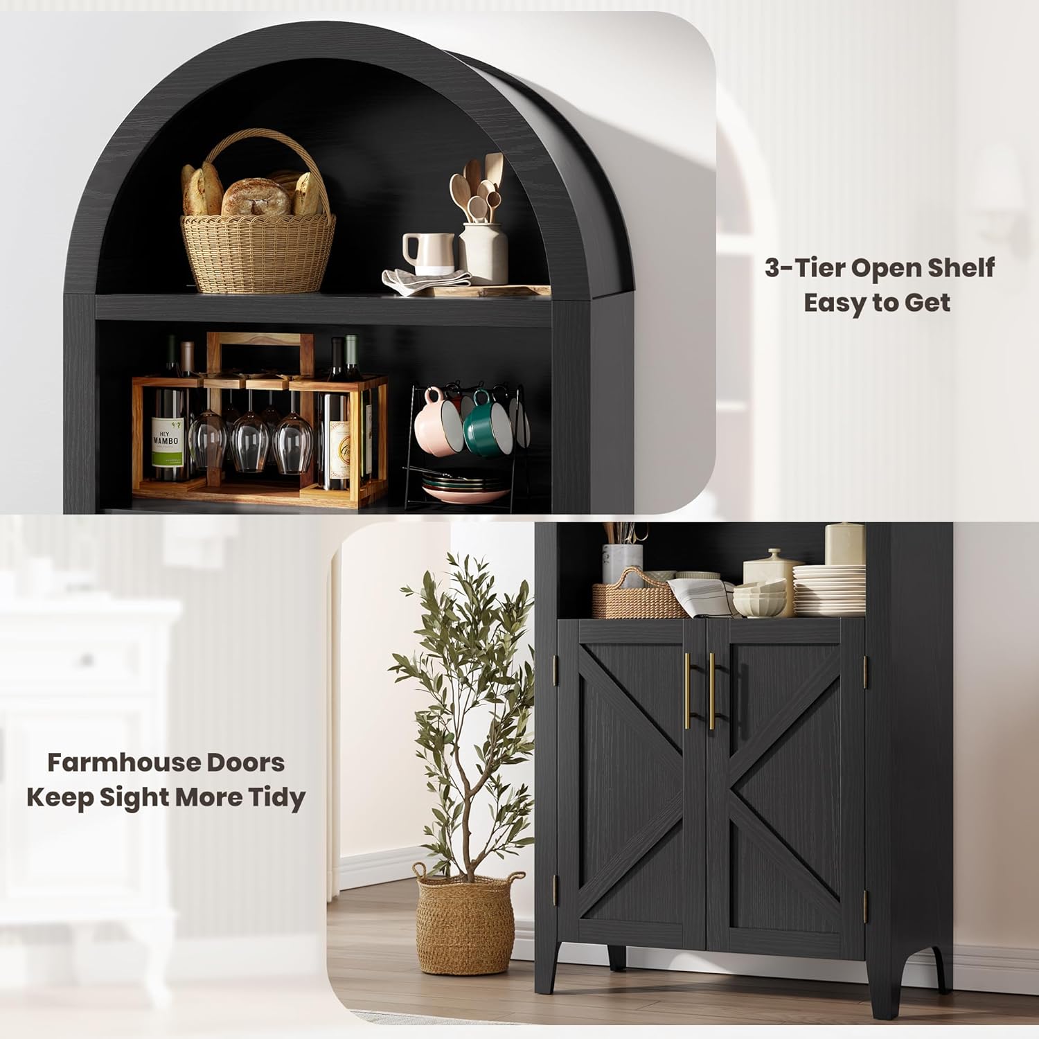 BouPower Arched Pantry Cabinet with Open Display Shelf,Kitchen Cabinet with Doors,Versatile Cupboard for Kitchen Dining Room