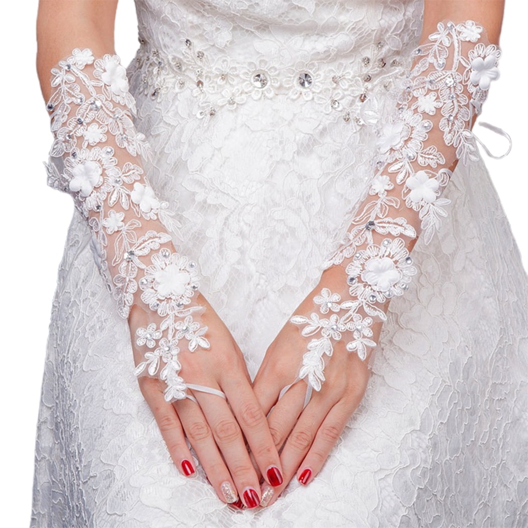 98g Bridal Wedding Prom Rhinestone Accent White Cut Lace Fingerless Gloves 