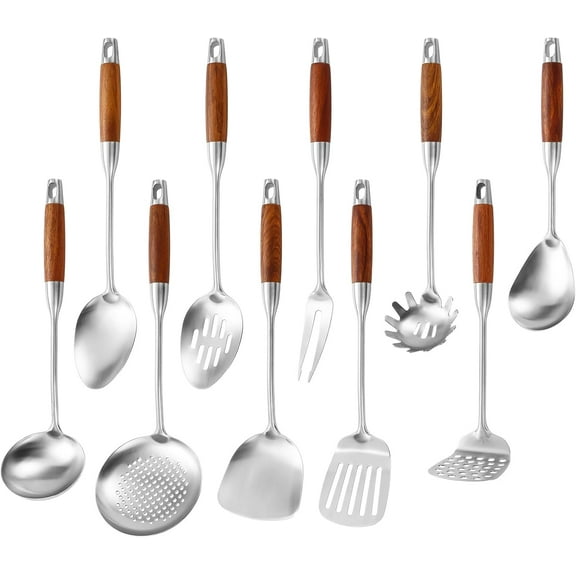 Stainless Steel Kitchen Utensils Set with Wood Handle, 18/10 Metal Cooking Utensils Set, 10 Piece - Spatula, Spoon, Ladle, Skimmer, Slotted Turners, Pasta,Turner, Ladl, Fork