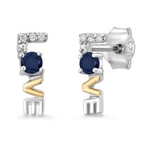 Gem Stone King 925 Sterling Silver and 10k Yellow Gold Blue Sapphire and White Lab Grown Diamond Love Word Stud Earrings for Women (0.14 Cttw, Gemstone Birthstone, Round Cut 2.5MM)