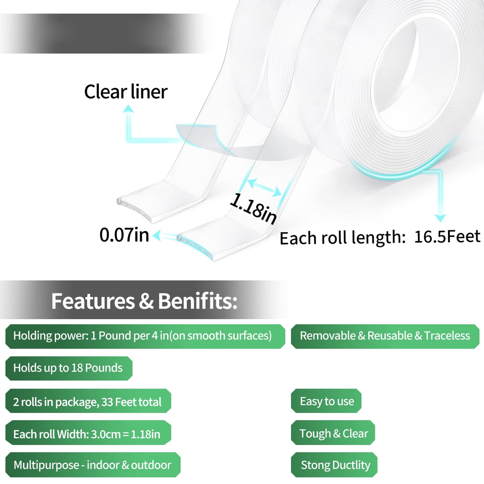 Double Sided Tape Heavy Duty, Nano Adhesive Clear Mounting Tape, 396 Inch Extra Large Pack of 2, Removable Wall Tape for Posters Pictures Decor, Clear