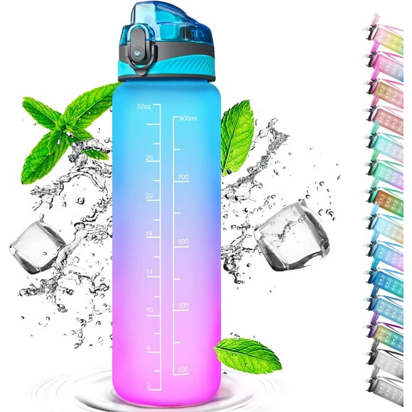 Drinking bottle with straw 1L, water bottle with time markings, water bottle free BPA, 1 click open in water bottle, sports bottle, bicycle bottle
