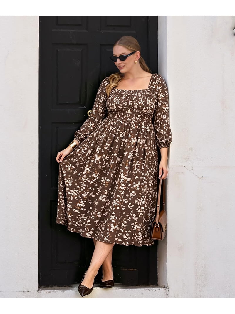 light brown plus size dress CASSIE LIZ Dresses Womens 4X Long Sleeve Boho Square Neck Bubble Sleeve Flowing Maxi Winter Dresses Holiday Wedding Date Guest 4XL 24W 26W Category_Dresses/Shop by Style With practical side pockets Formal dresses Agnes Orinda Plus Size Select Loafer Size:40