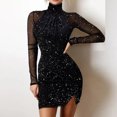 thumbnail image 3 of Women's Off-the-shoulder Sequined Lace Trim Slim Party Long Sleeve Ruffled Club Dress, 3 of 8