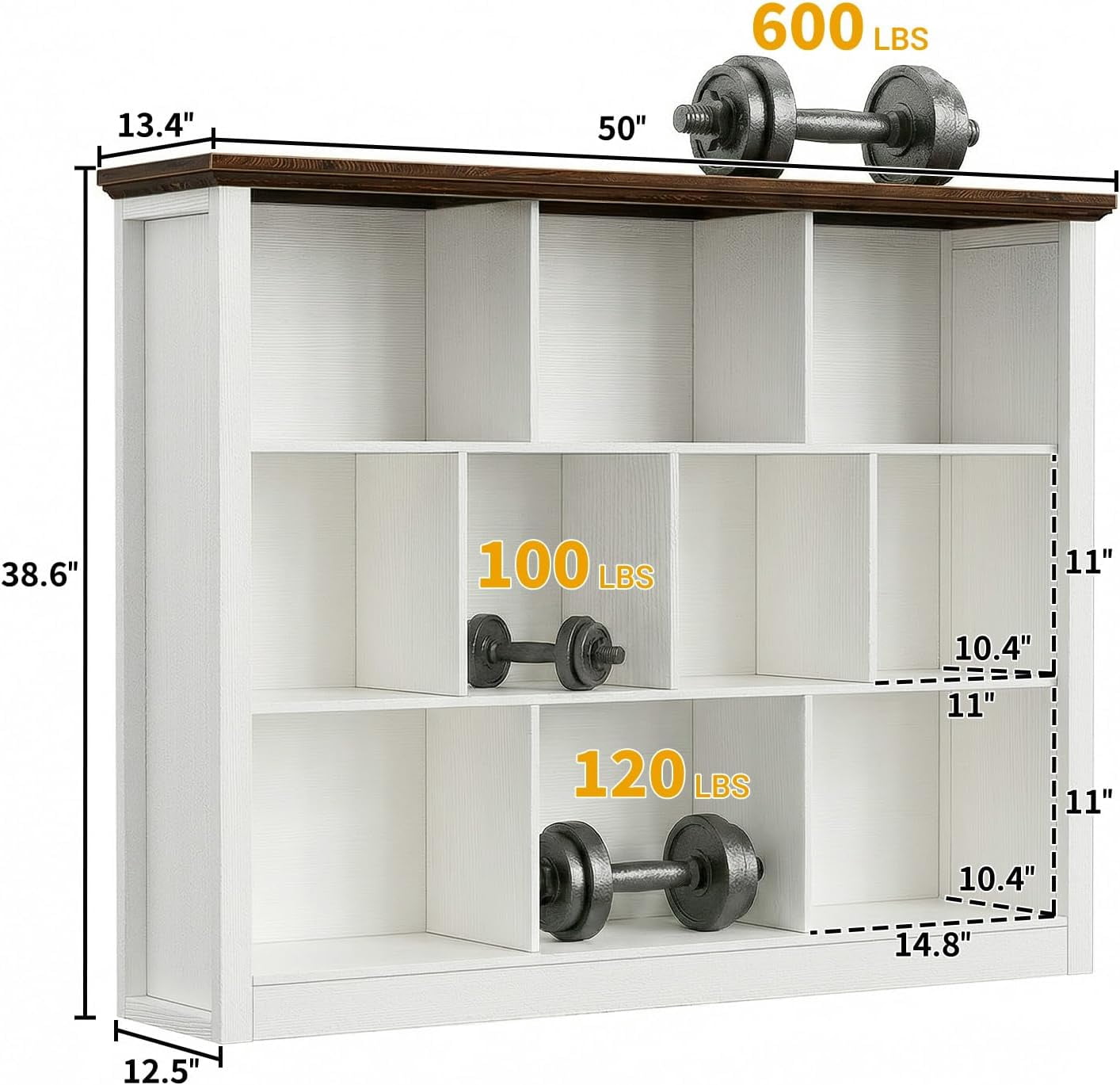 Homieasy 50" Wood Cube Storage Organizer, 10 Cube Storage Book Shelf, Wooden 3 Tiers Floor Standing Low Bookcase for Living Room, Bedroom, Home Office, Kids Room, White & Rustic Brown