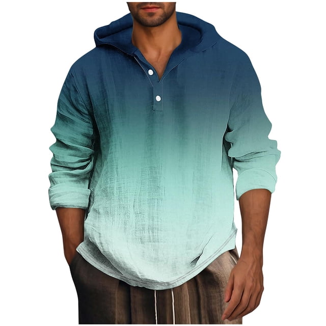 ameIAEA Mens Fall Hooded Sweatshirts Long Sleeve Button Pullover Tops Gradient Color Casual Shirts