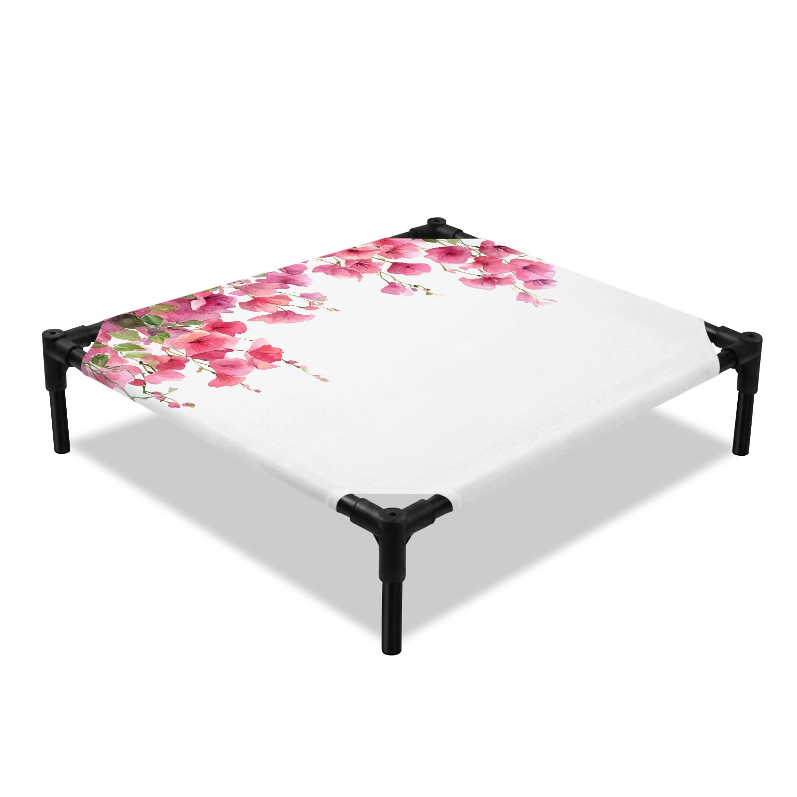 Spring Floral Elevated Dog Bed Pink Flower Green Leaves Cooling Breathable Outdoor Raised Dog Cot Bed with Metal Frame Non-Slip Feet for Small Dog 20x20in