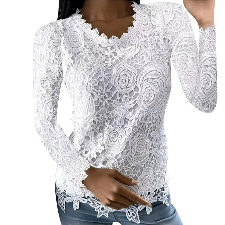 tklpehg Dressy Tops for Women Lace Slim Fit Blouse Round Neck Solid Color  Womens Long Sleeve Tops Casual Elegant Tunic Tops Women's Fall Tops White S