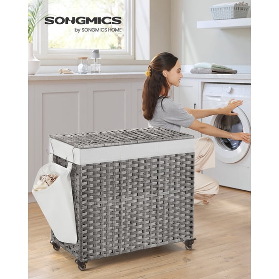 160L Laundry Hamper with Lid Rolling Laundry Basket with Wheels 3-Section Synthetic Rattan Laundry Hamper Removable Liner for Bedroom Gray