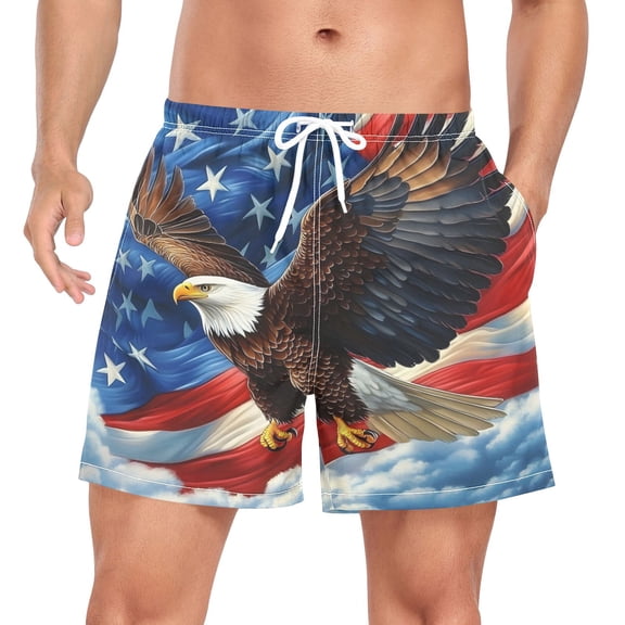 joogoo Men's American Flag Eagle Swim Trunks with Liner Pocket Beach Shorts Large