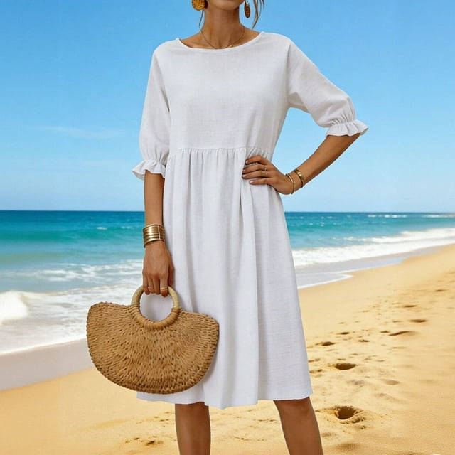 Nuoqisi Robe en Lin pour Femme, Mode, Couleur Unie, Coupe Ample, Col Rond, Robe pour Femme, Manches 3/4, Robe Maxi Décontractée, Taille Haute Plissée, Robe d'Été Légère pour la Plage
