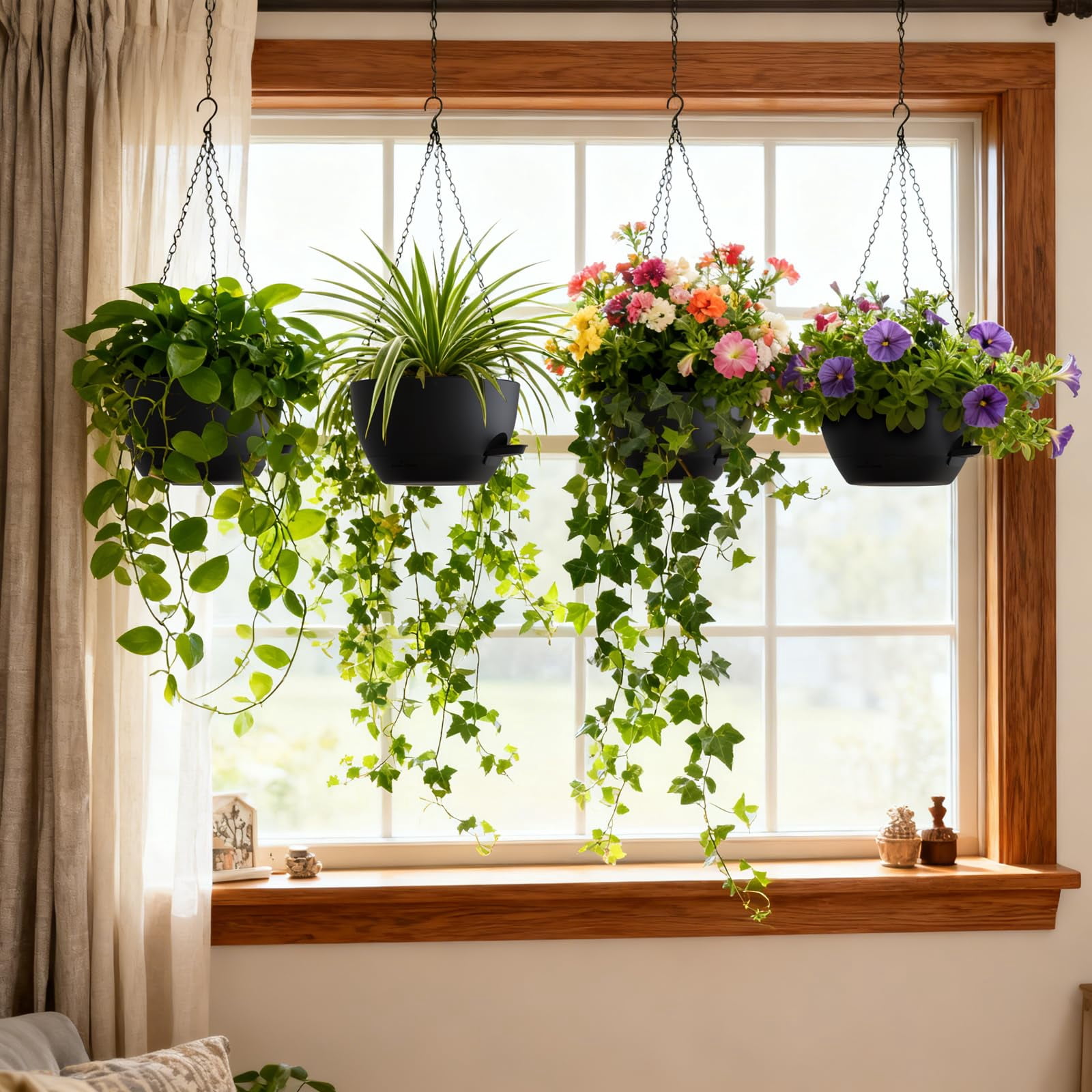 4 Pack 8 Inch Self Watering Hanging Planters For Indoor Outdoor Plants Pots With Drainage Removable Tray  Baskets Flower Ivy Pothos Garden Porch Black