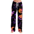 thumbnail image 4 of Zydvens Women Halloween Pajama Pants Wide Leg Lounge Wear with Pockets Soft Elastic Waist Drawstring Sleepwear Bottoms Cute Cartoon Cat Pumpkin Costume Cosplay Party S-3XL, 4 of 7