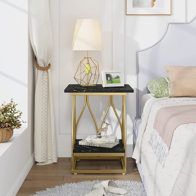 Marble End Table, 2 Tier Round Side Table with Shelves, Modern Gold Nightstand Bedside Table Small Coffee Accent Table for Living Room Bedroom, White