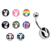14g Surgical Steel Playboy Graphic Inlay Belly Ring, Style 2 (Pink/White)