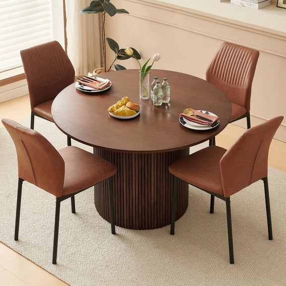 NORDICANA Dining Table Set for 4, 47" Wooden Round Kitchen Table with PU Leather Chairs for Kitchen Room and Small Spaces(Walnut Table   4 Brown Chairs)