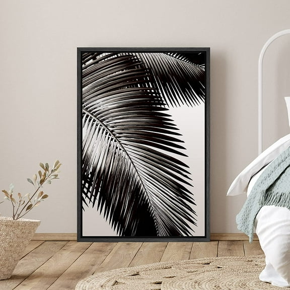 PixonSign Framed Canvas Print Wall Art Duotone Palm Leaves and Gray Background Nature Plants Photography Modern Art Chic Relax/Calm Dark Black and White for Living Room, Bedroom, Office - 24"x36"