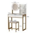 thumbnail image 2 of Leumius Small Vanity Desk with Mirror and Lights, Makeup Vanity Table with LED Mirror, 3 Lighting Modes, Power Outlet, Drawer, Open Shelves and Cushioned Stool for Bedroom (White and Gold), 2 of 7