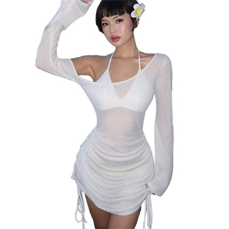 Jesscasday Womens Long Sleeve Side Ruched Drawstring Sheer Bodycon Mini Dress Sexy Off Shoulder See Through Dresses Bikini Cover Up