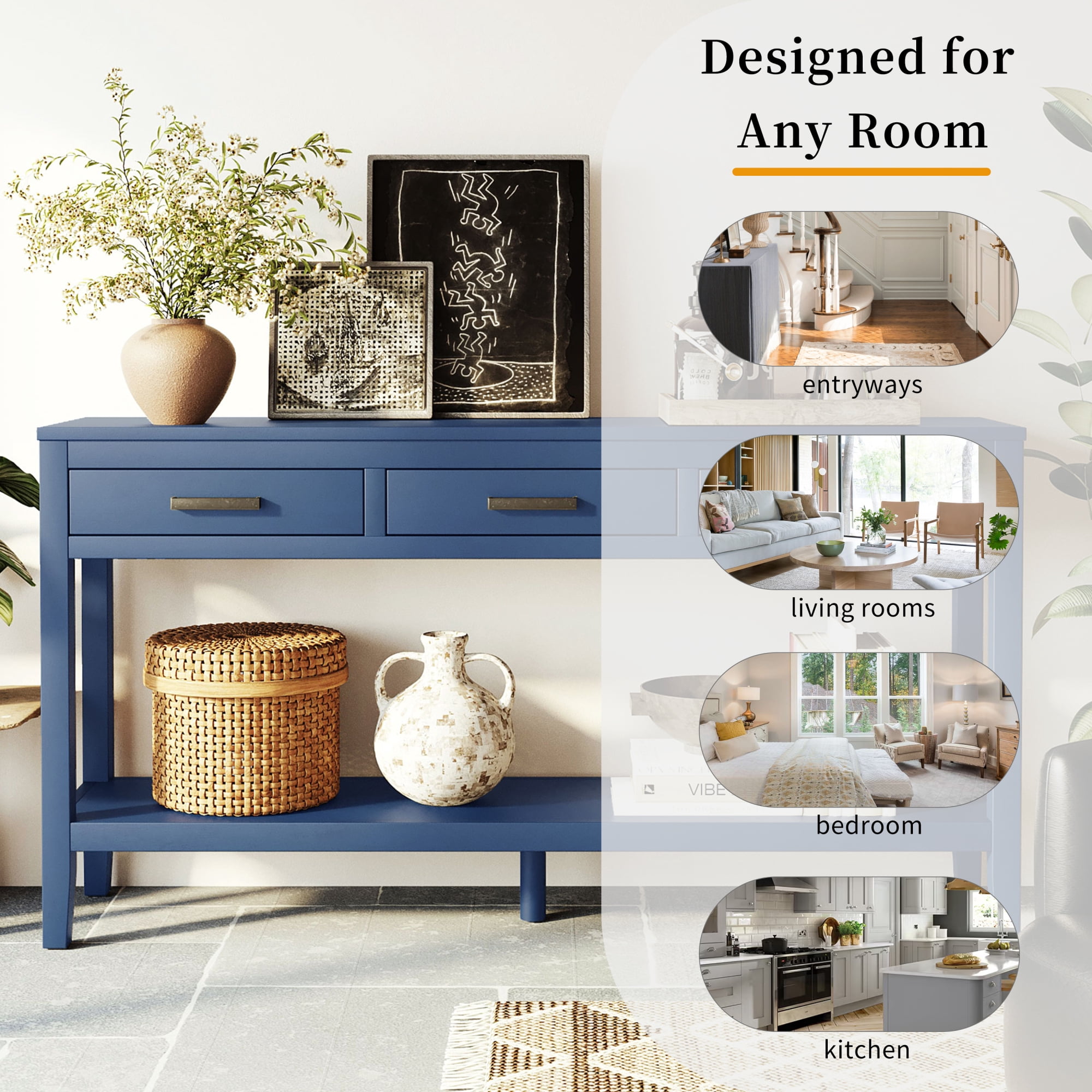 Contemporary Rectangular Console Table with 1 Bottom Shelf and 3 Storage Drawers, 59.1'' Entrance Table Sofa Side Table for Entryway Hallway Living Room Foyer Corridor