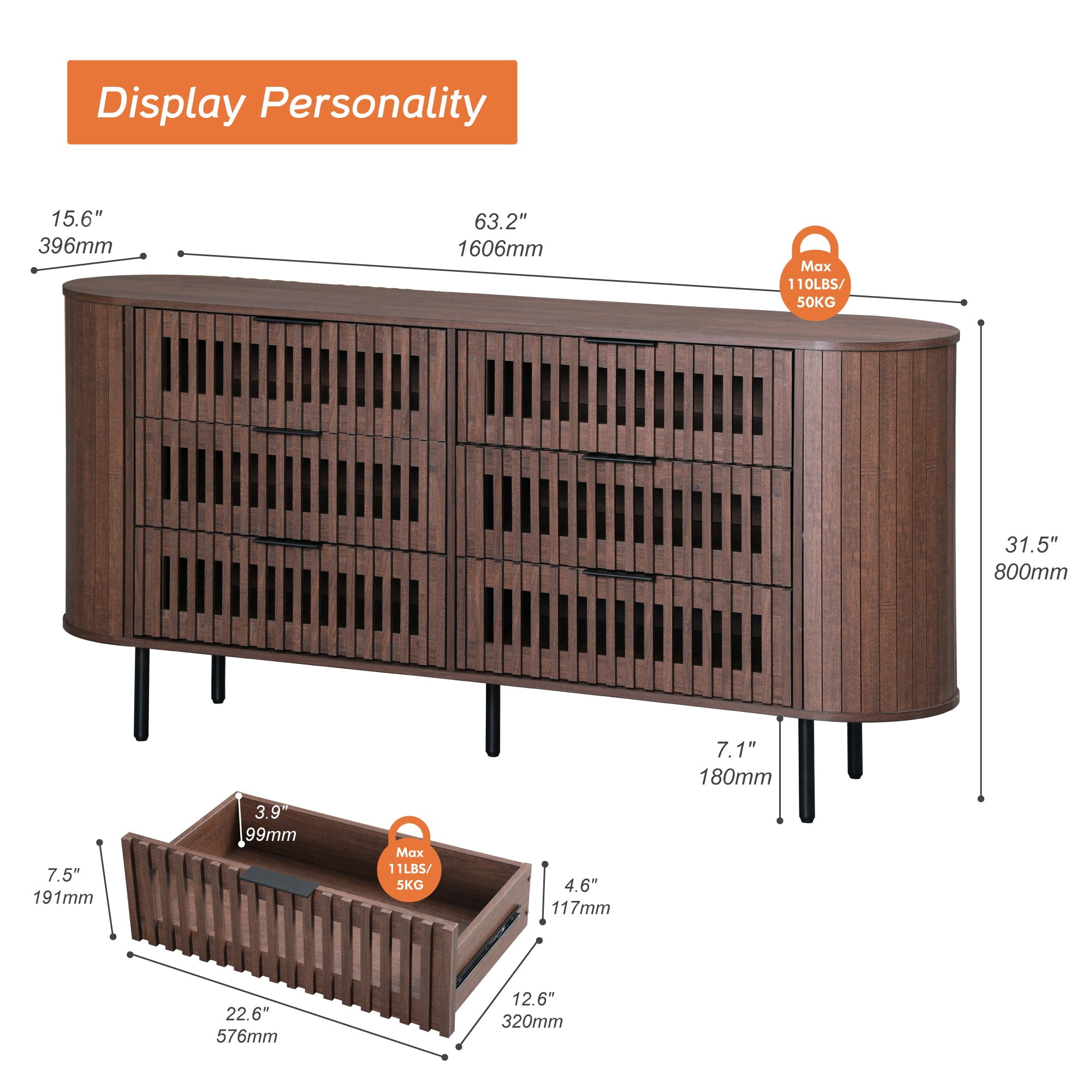 WAMPAT Fluted 6 Drawer Double Dresser, Modern Storage Cabinet, Wood Chest of Drawers for Living Room, Bedroom, Walnut