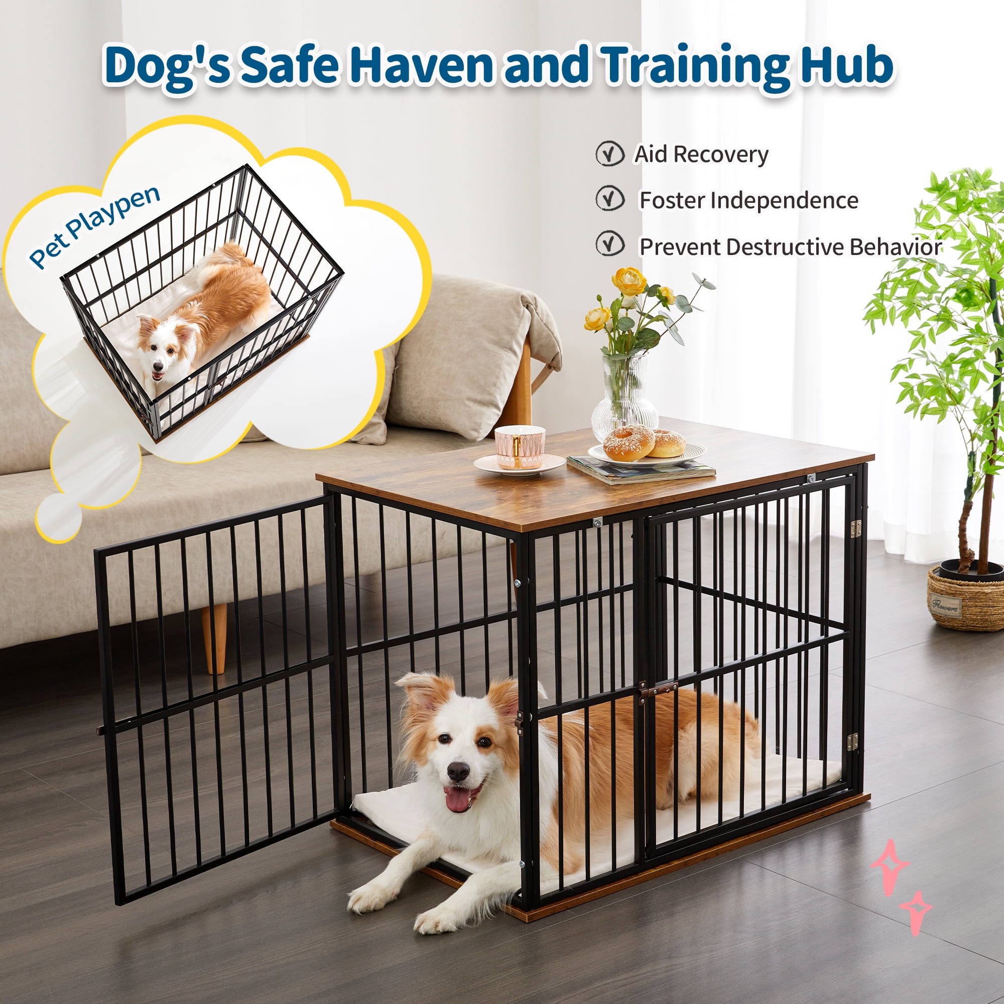 Made4Pets Medium Wooden Dog Crate Furniture with Washable Cushion for Dogs
