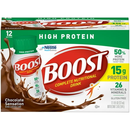 Boost, High Protein, Complete Nutritional Drink, Chocolate Sensation, 8 Fl oz Bottle, 12 Ct